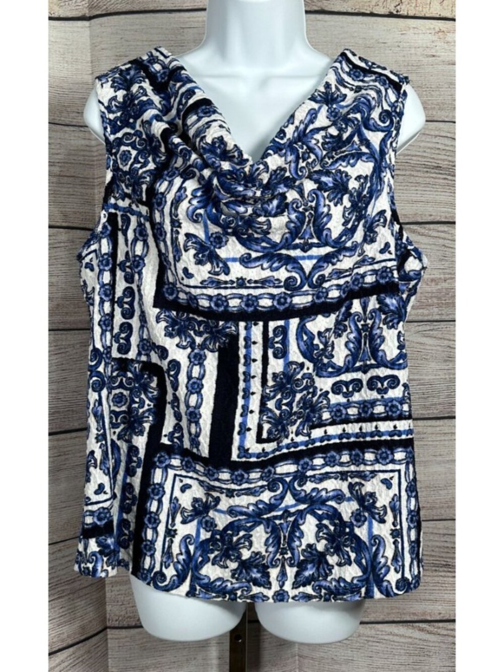 Cato Cowl Neck Blouse Blue Floral Sleeveless Stretch Top Size L NWOT